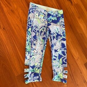 Lilly Pulitzer Sea Sirens cropped Blue Green Leggings size large open side legs